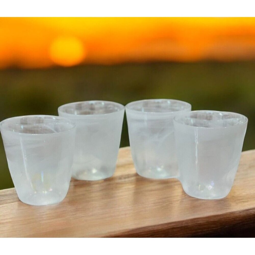 Hand Blown Stemless Wine Glasses Translucent White Waves Swirls Unique Set of 4